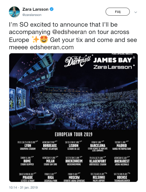 Svenska artisten Zara Larsson hakar på Ed Sheeran på turné i sommar. Svenska artisten Zara Larsson hakar på Ed Sheeran på turné i sommar.